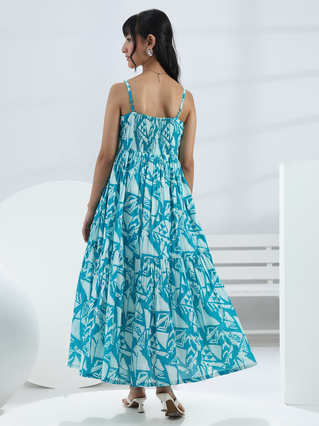  Blue Abstract Printed  Cotton One-Piece Dress 