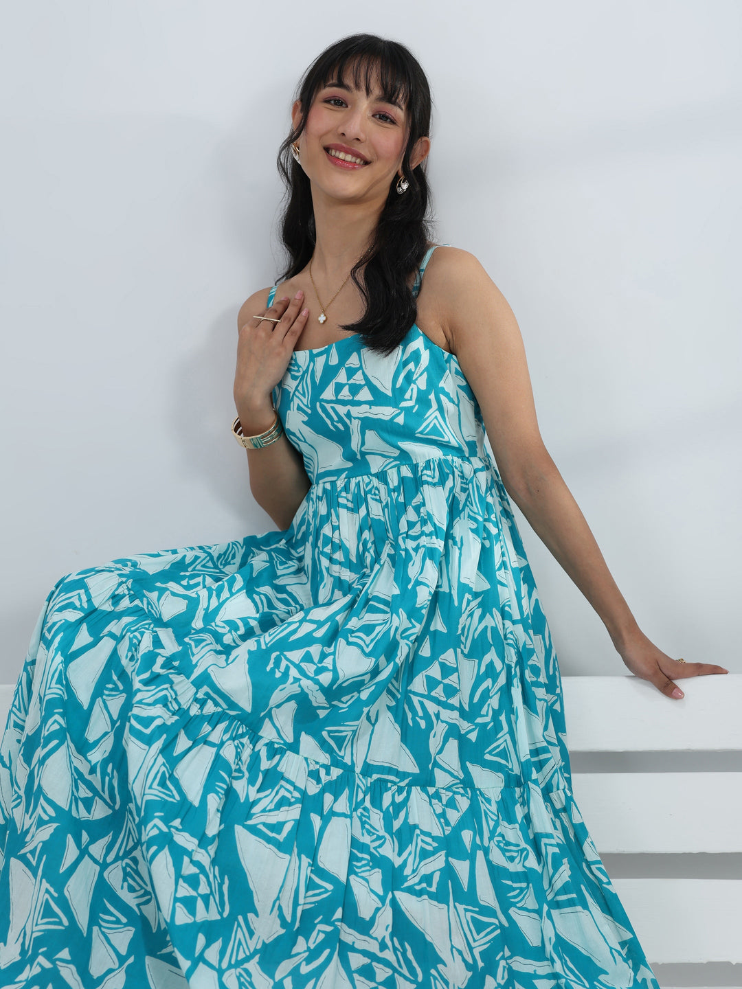  Blue Abstract Printed  Cotton One-Piece Dress 