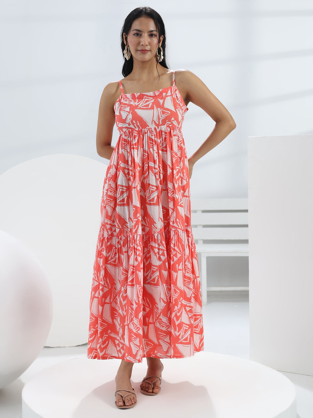  Peach Abstract Printed Cotton A-Line One-Piece Tiered Dress 