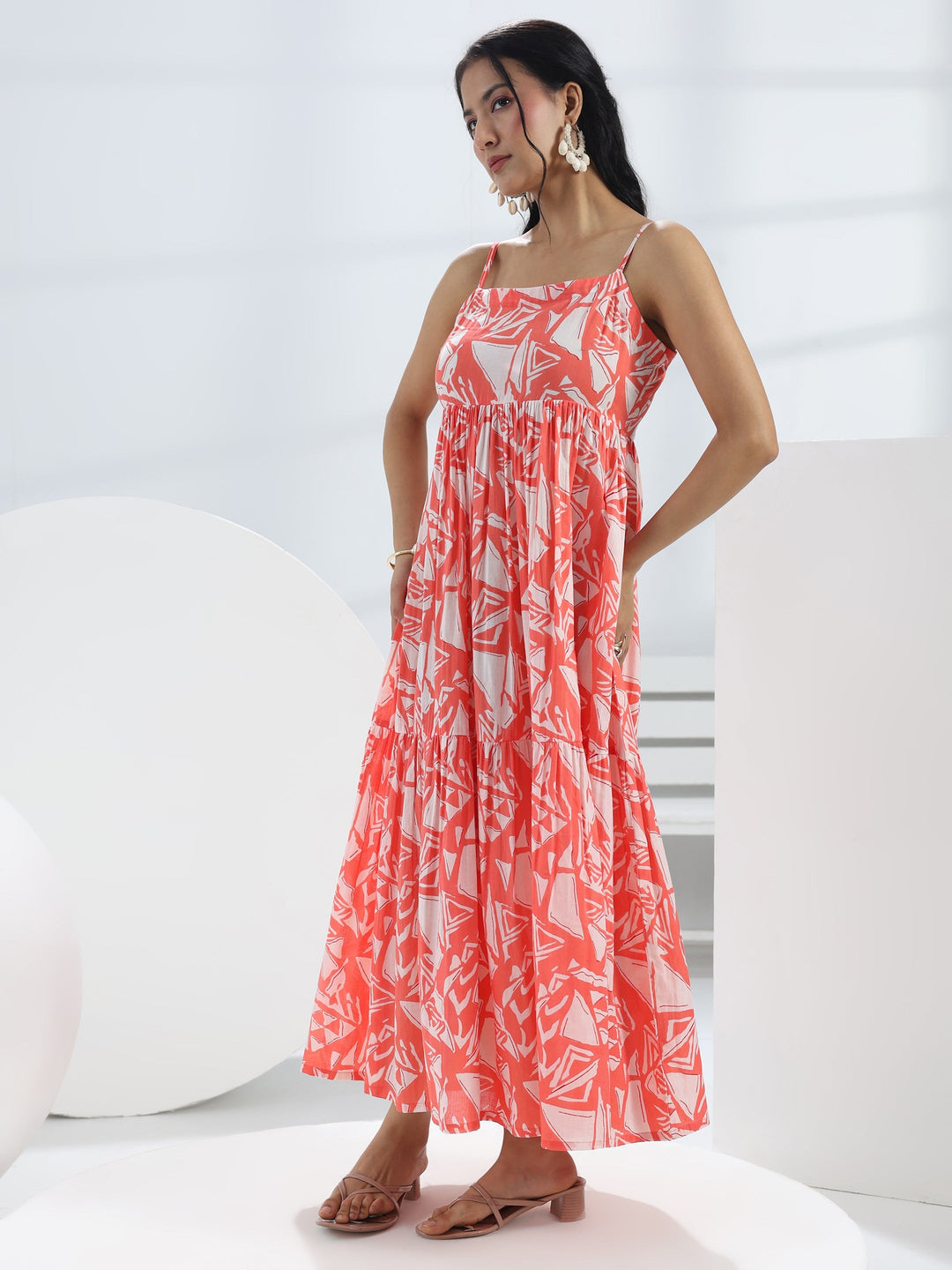  Peach Abstract Printed Cotton A-Line One-Piece Tiered Dress 