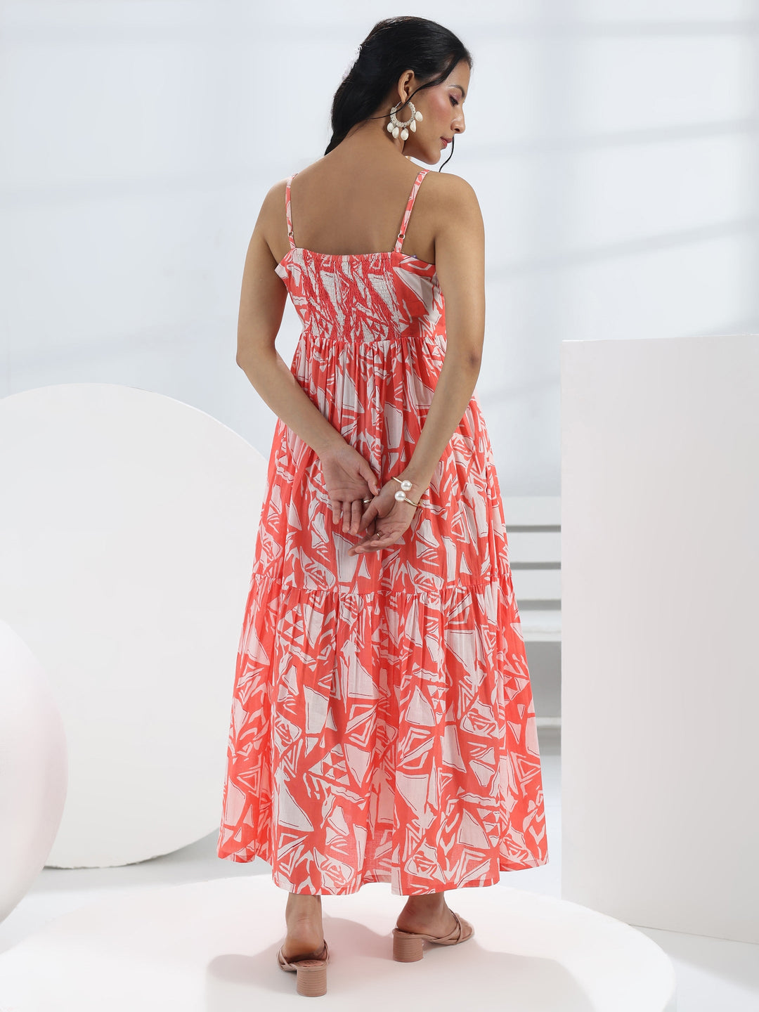  Peach Abstract Printed Cotton A-Line One-Piece Tiered Dress 