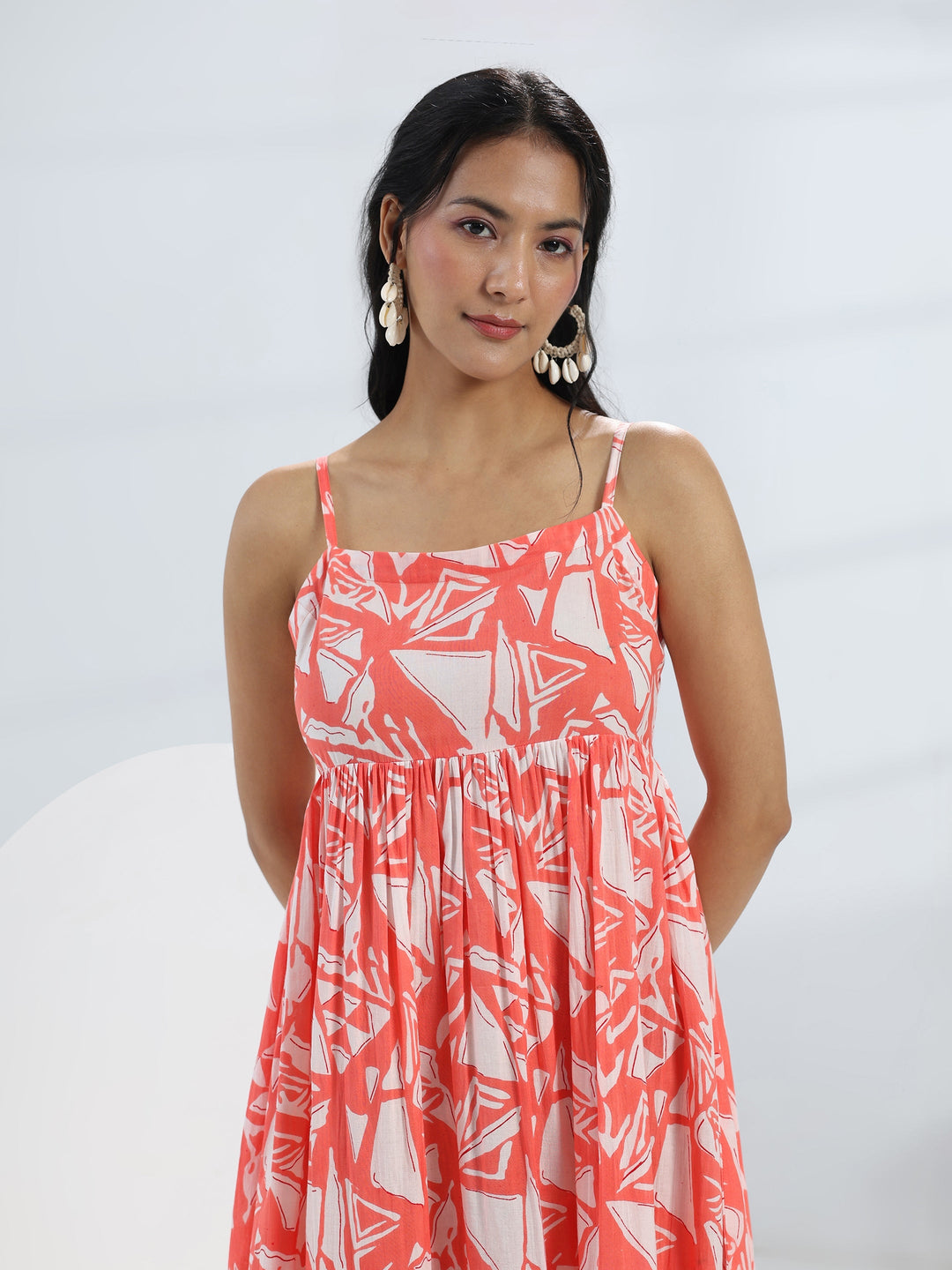  Peach Abstract Printed Cotton A-Line One-Piece Tiered Dress 