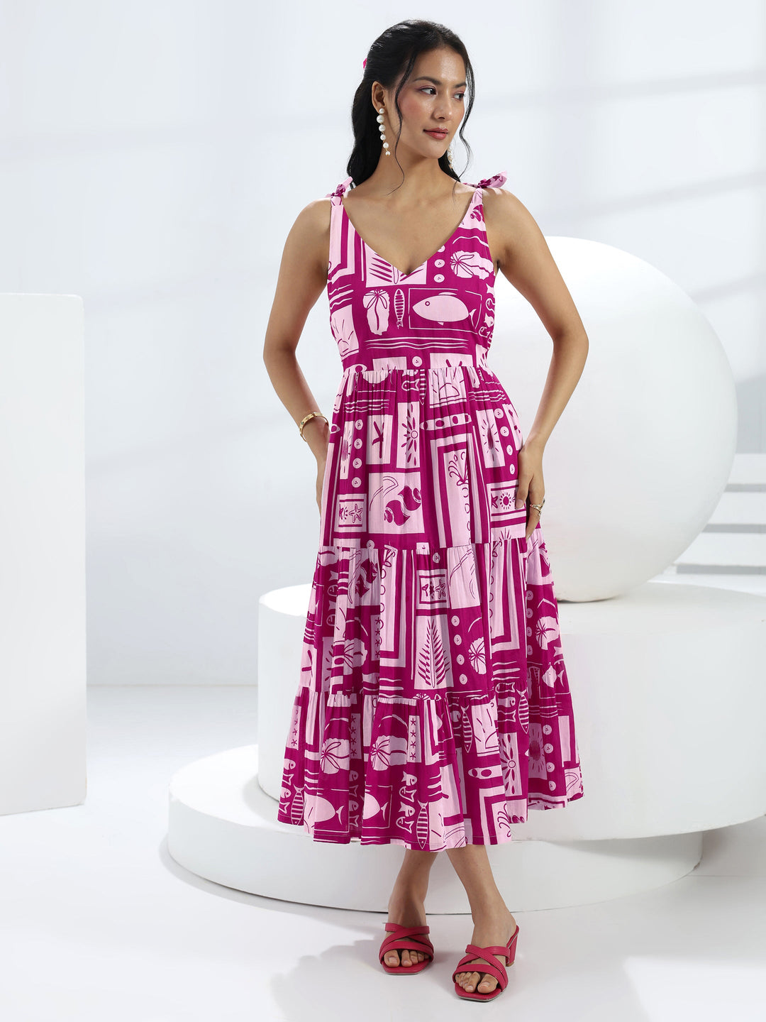  Pink Abstract Printed Cotton A-Line One-Piece Tiered Dress 