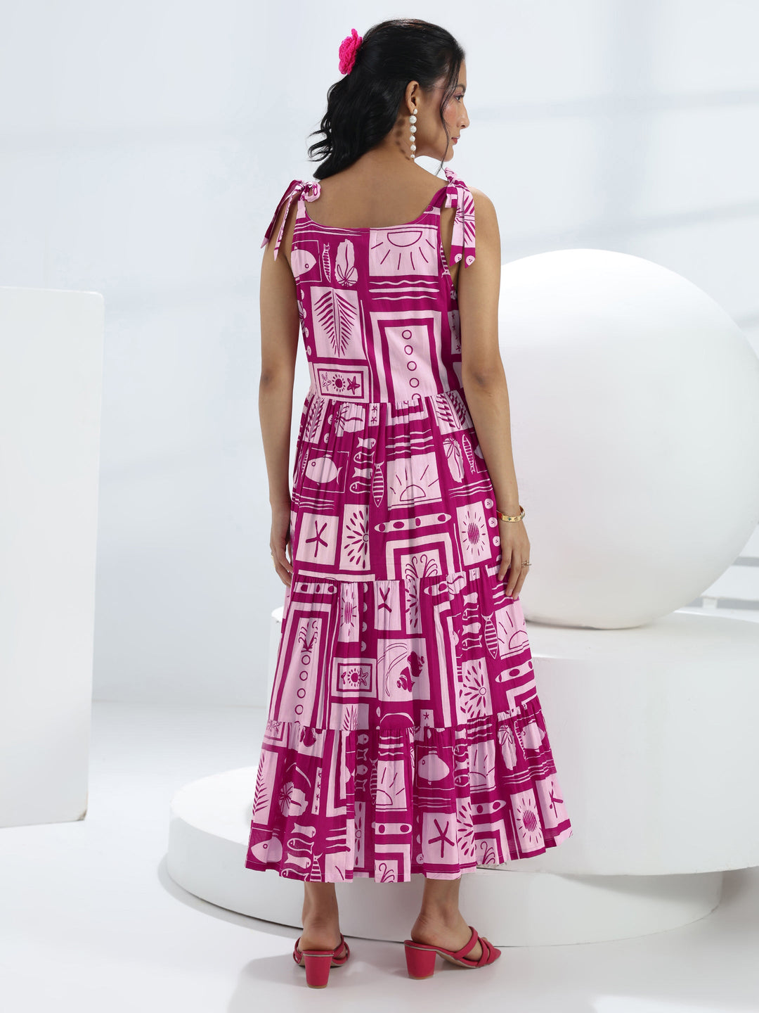  Pink Abstract Printed Cotton A-Line One-Piece Tiered Dress 