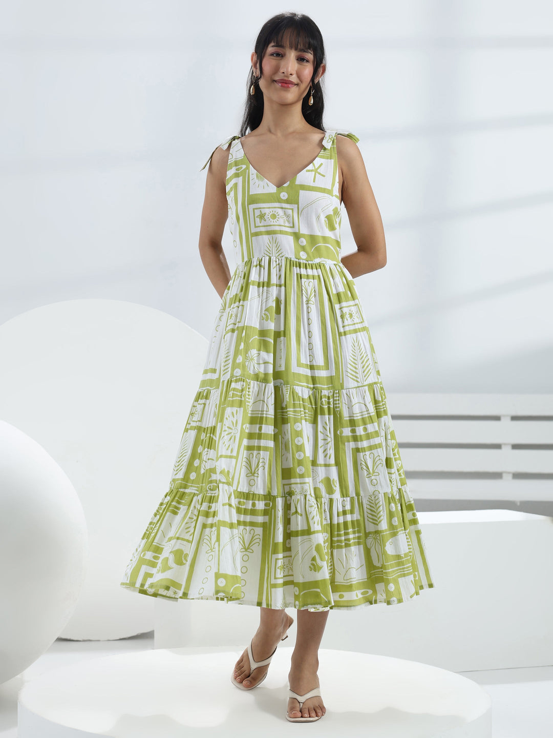  Green Abstract Printed Cotton One-Piece Dress 