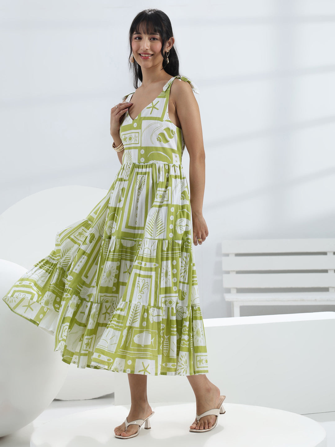  Green Abstract Printed Cotton One-Piece Dress 