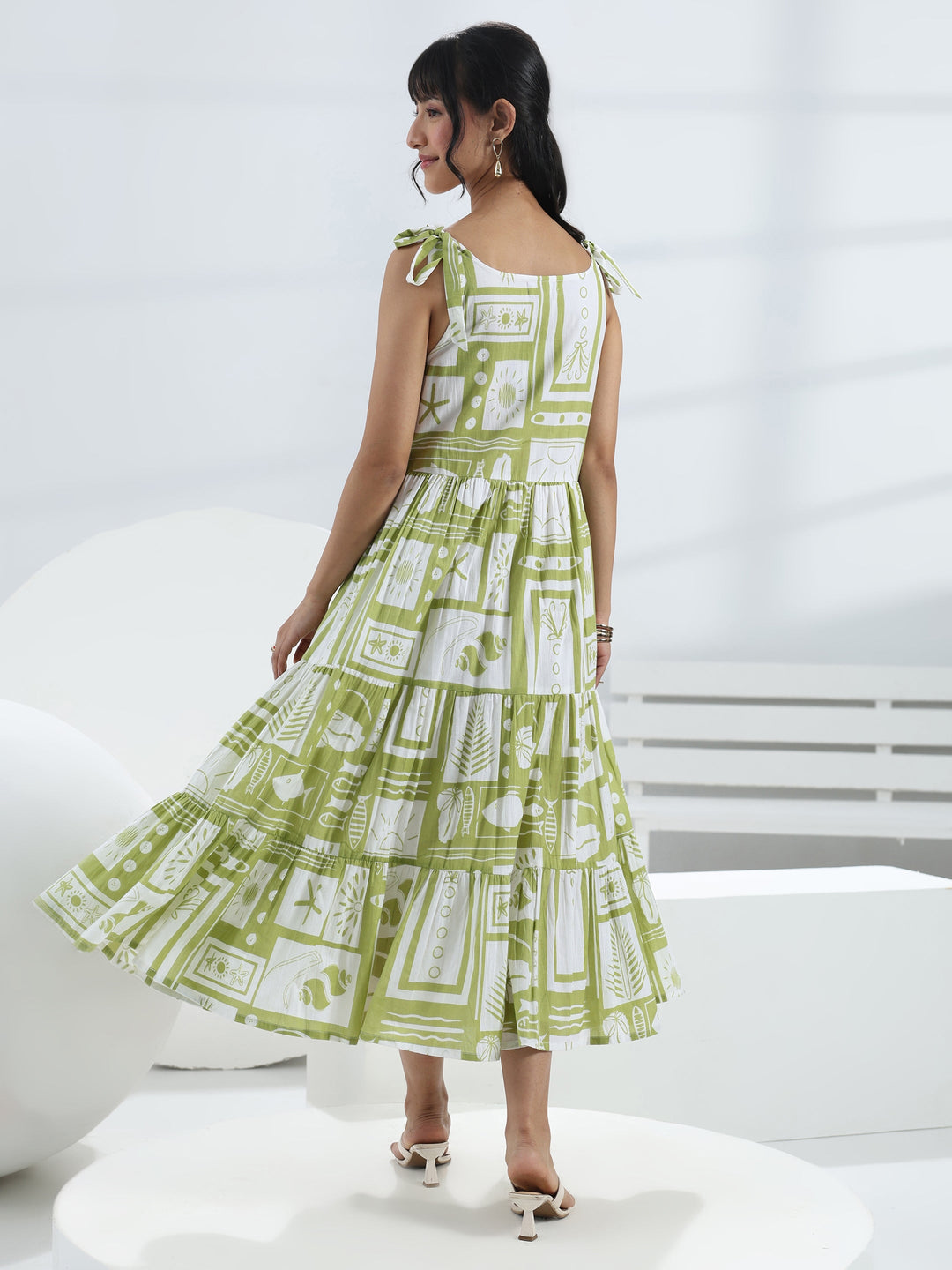  Green Abstract Printed Cotton One-Piece Dress 