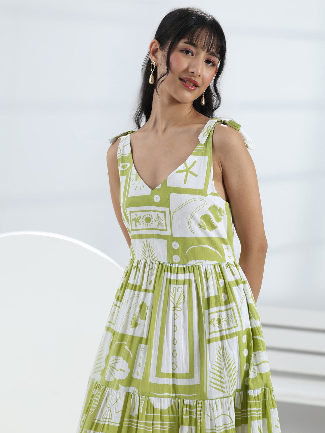  Green Abstract Printed Cotton One-Piece Dress 