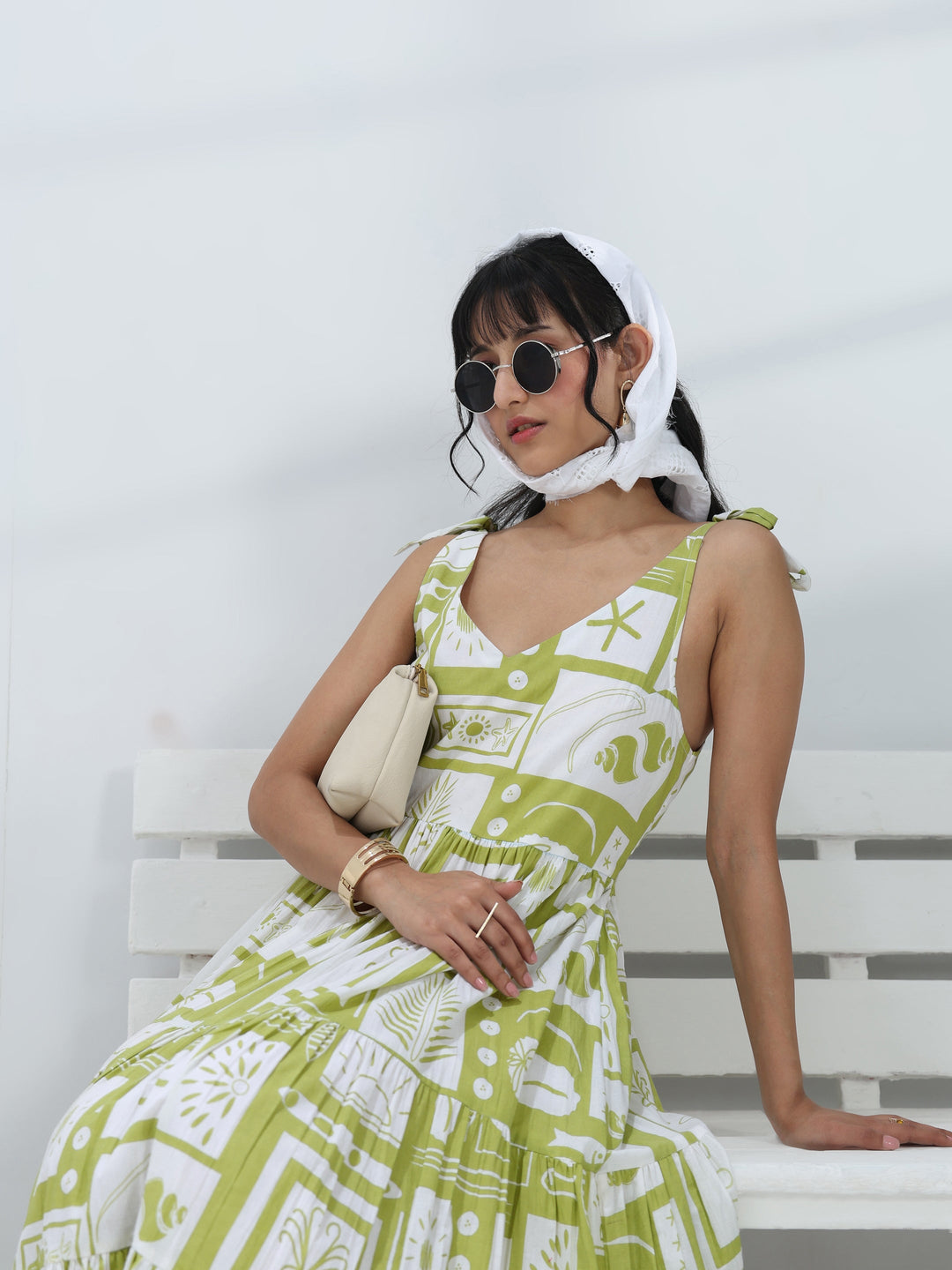  Green Abstract Printed Cotton One-Piece Dress 