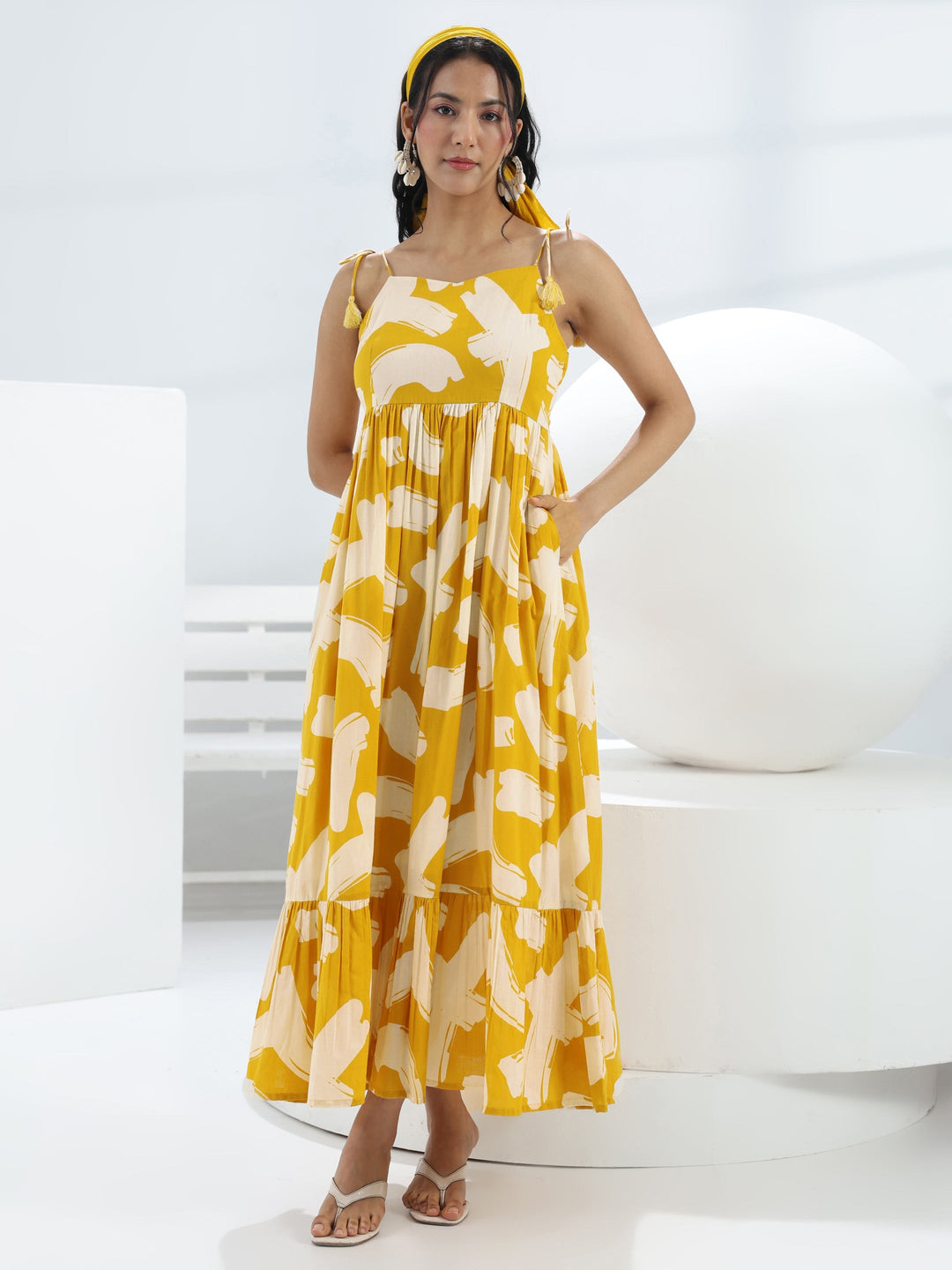  Yellow Abstract Printed Cotton A-Line One-Piece Dress 
