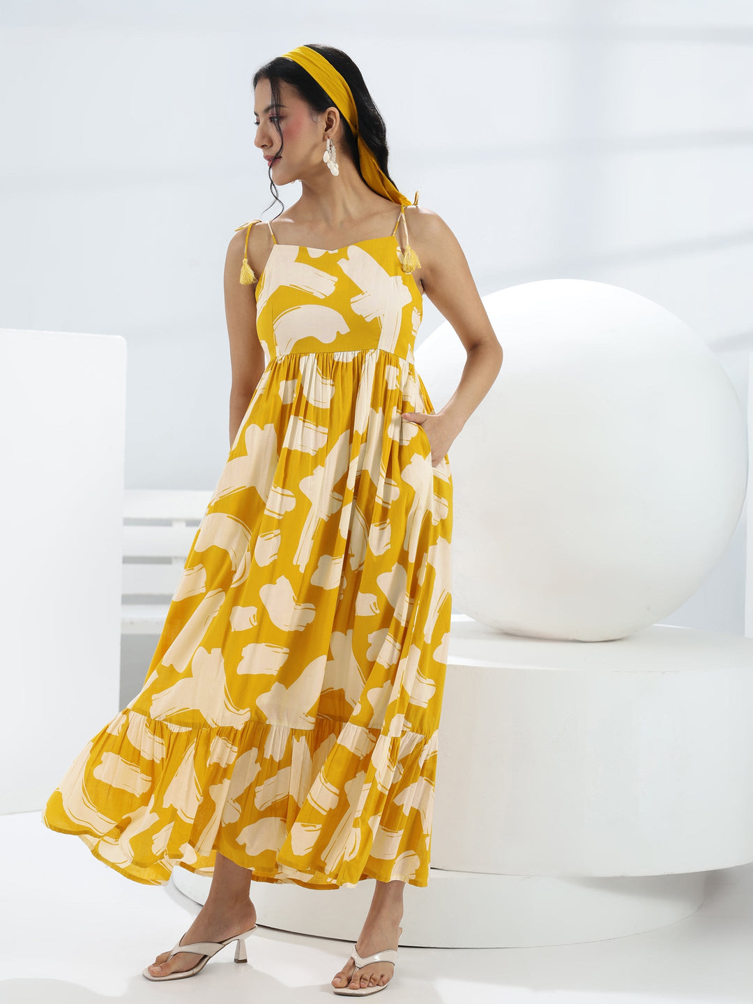  Yellow Abstract Printed Cotton A-Line One-Piece Dress 