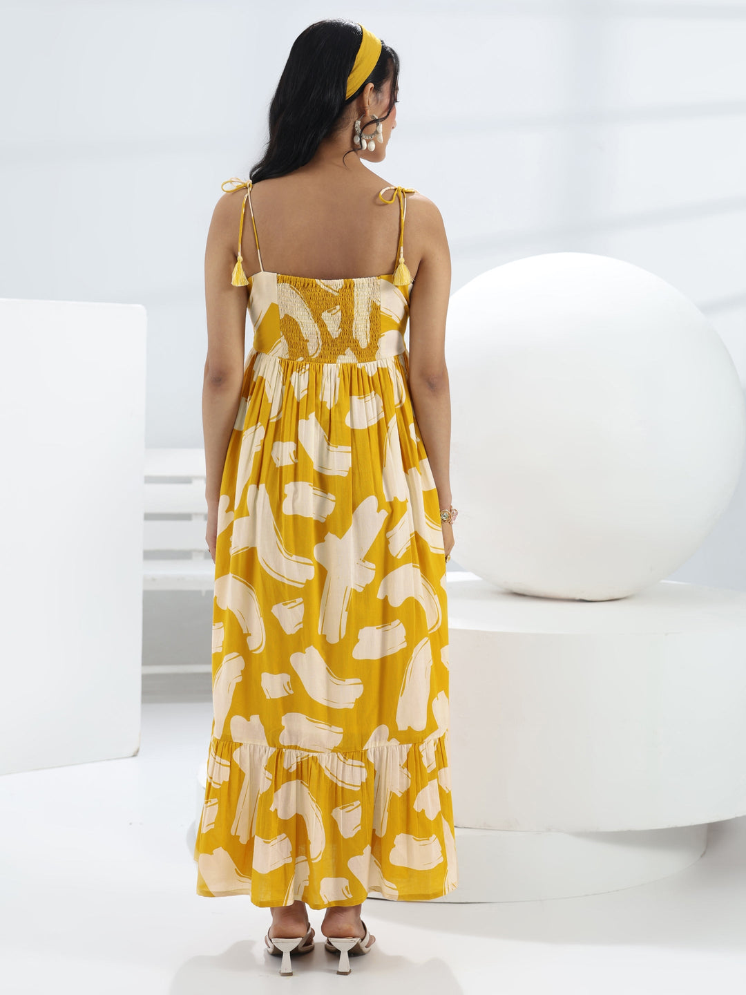  Yellow Abstract Printed Cotton A-Line One-Piece Dress 