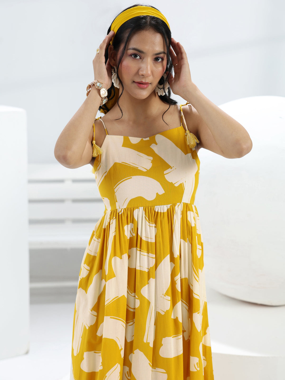  Yellow Abstract Printed Cotton A-Line One-Piece Dress 