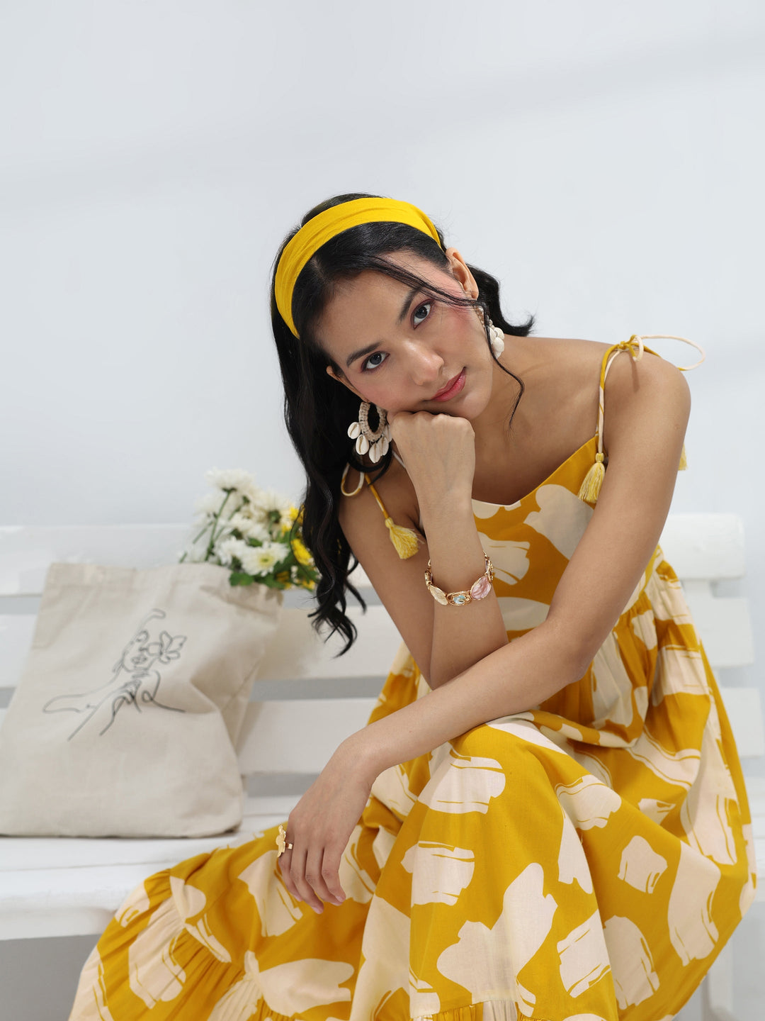  Yellow Abstract Printed Cotton A-Line One-Piece Dress 
