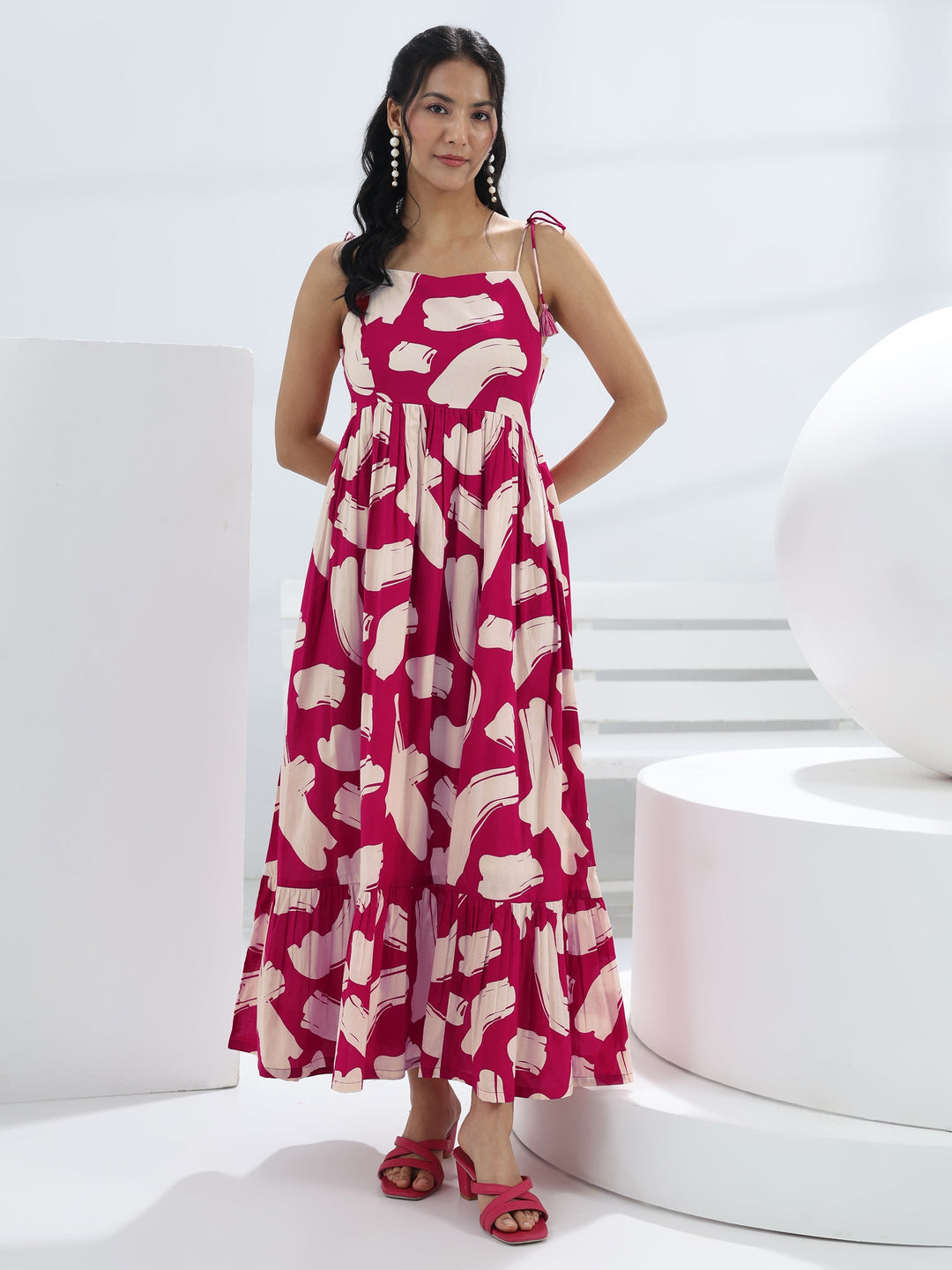  Pink Abstract Printed Cotton A-Line One-Piece Dress 
