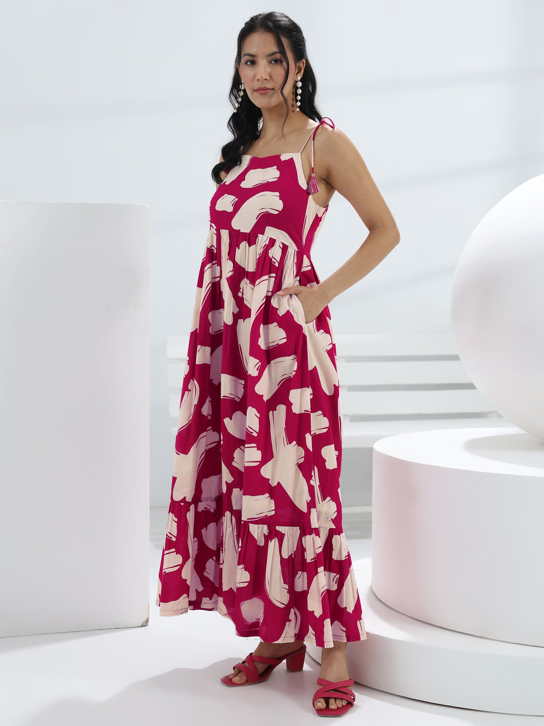  Pink Abstract Printed Cotton A-Line One-Piece Dress 