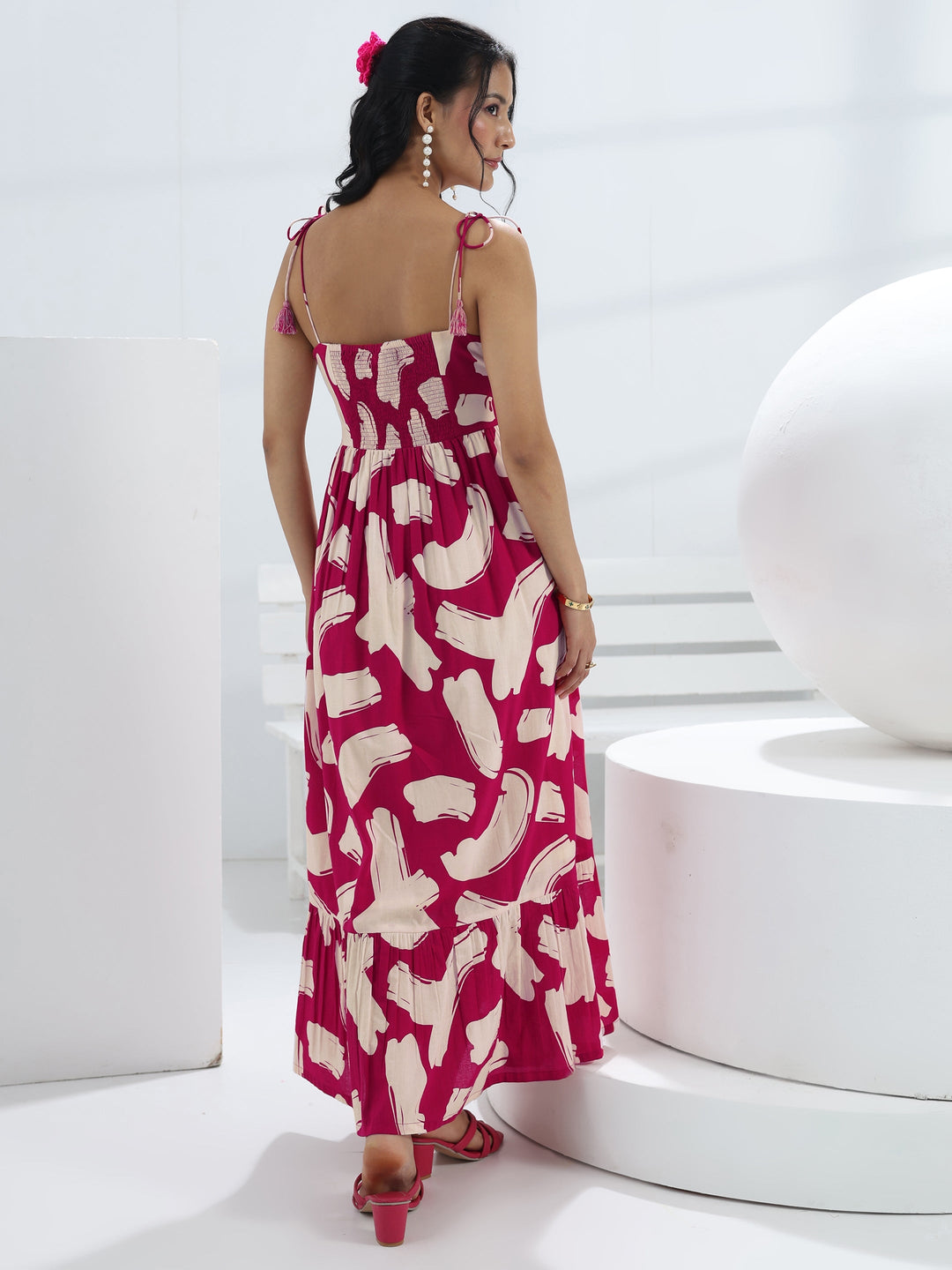  Pink Abstract Printed Cotton A-Line One-Piece Dress 