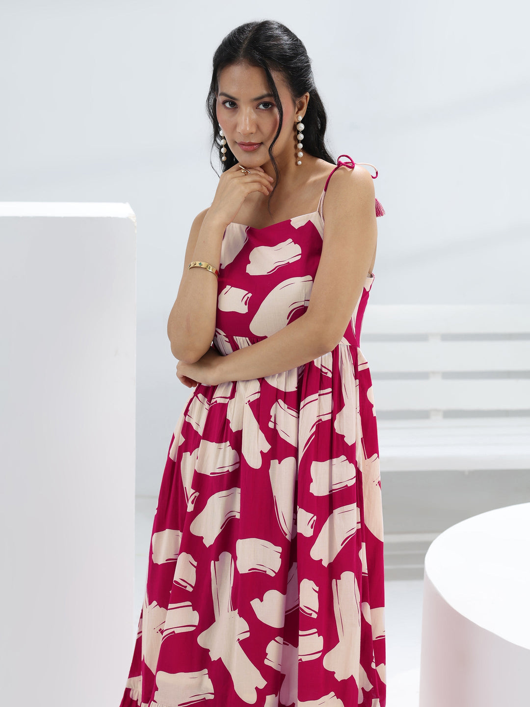  Pink Abstract Printed Cotton A-Line One-Piece Dress 