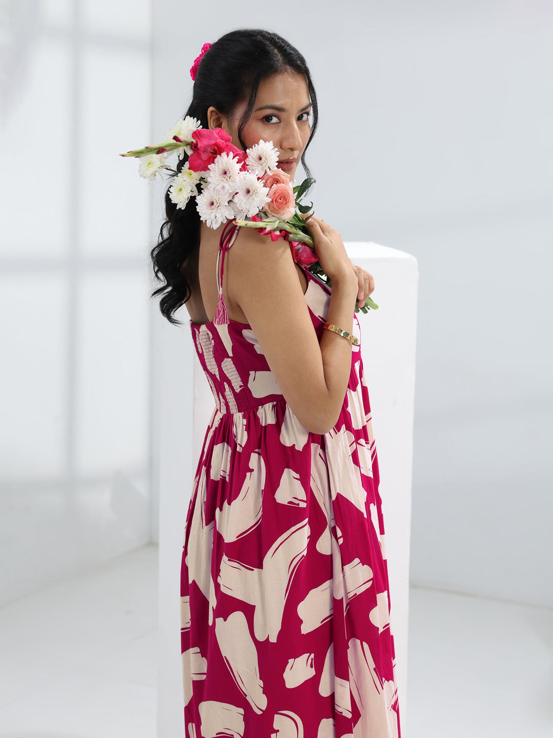  Pink Abstract Printed Cotton A-Line One-Piece Dress 