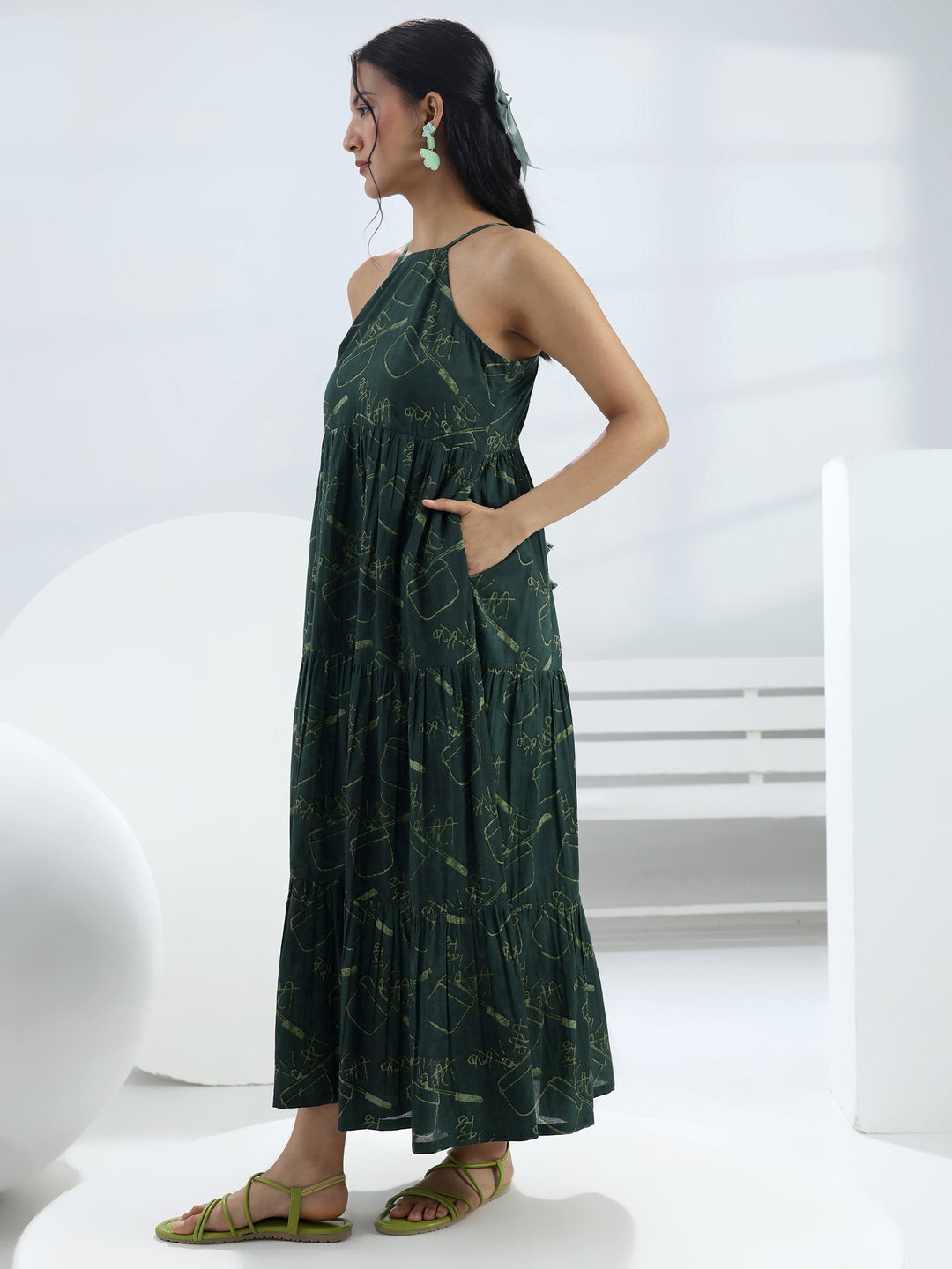  Green Printed Cotton A-Line One-Piece Dress 