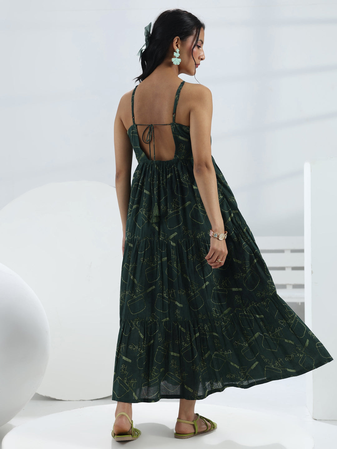  Green Printed Cotton A-Line One-Piece Dress 