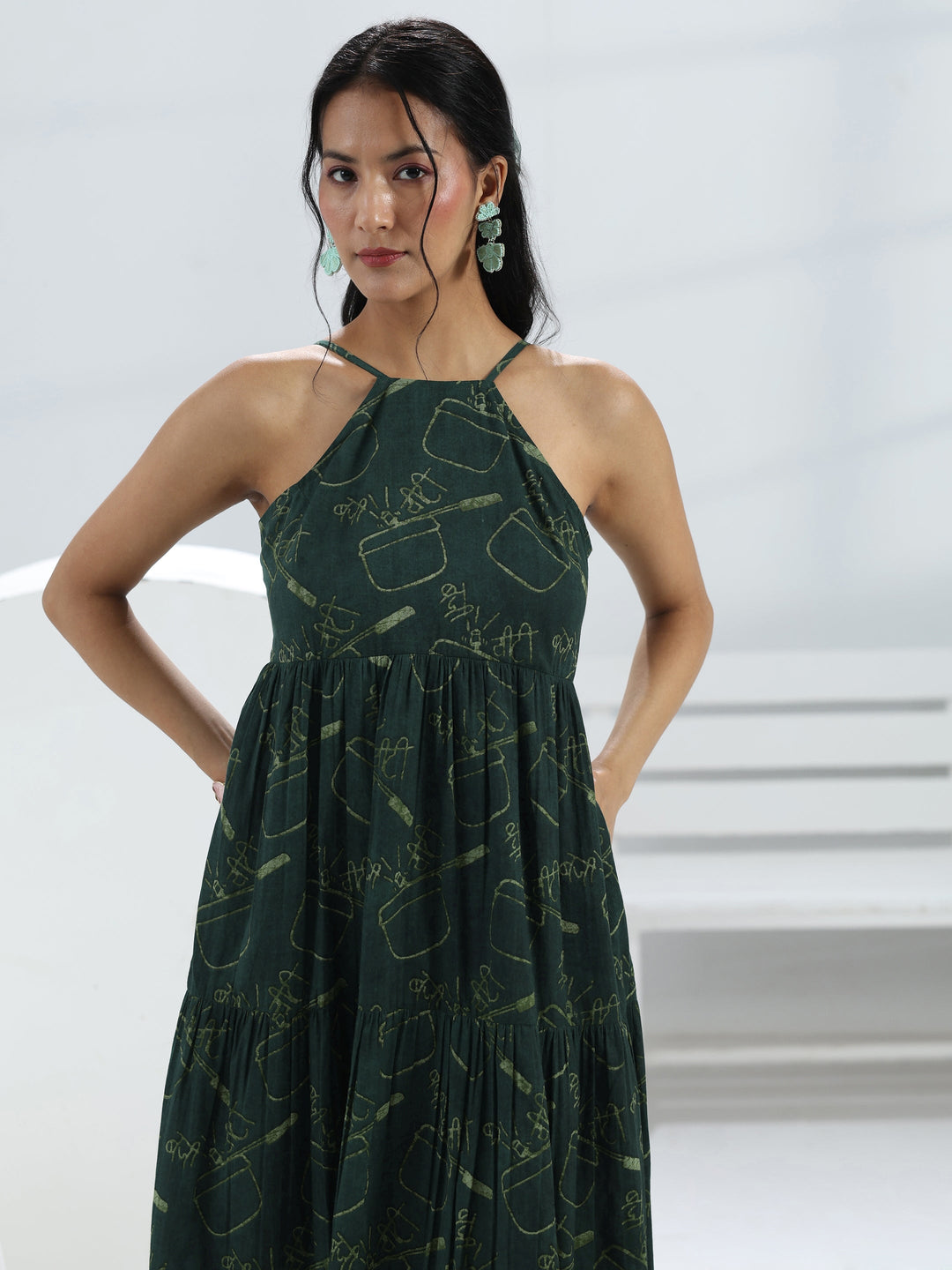  Green Printed Cotton A-Line One-Piece Dress 
