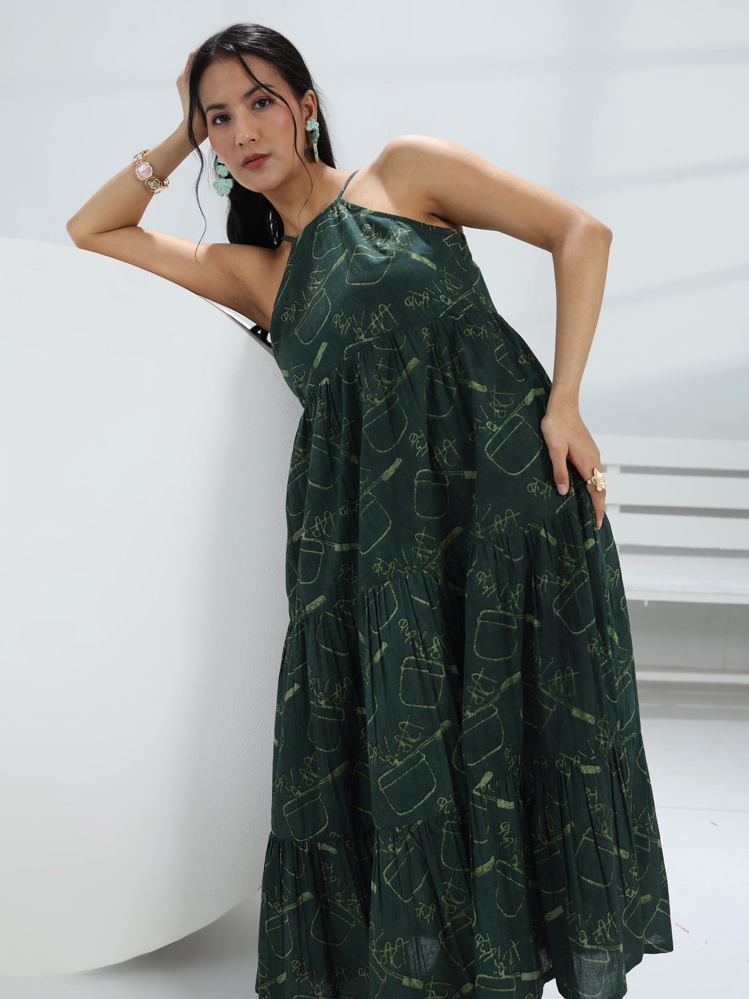  Green Printed Cotton A-Line One-Piece Dress 