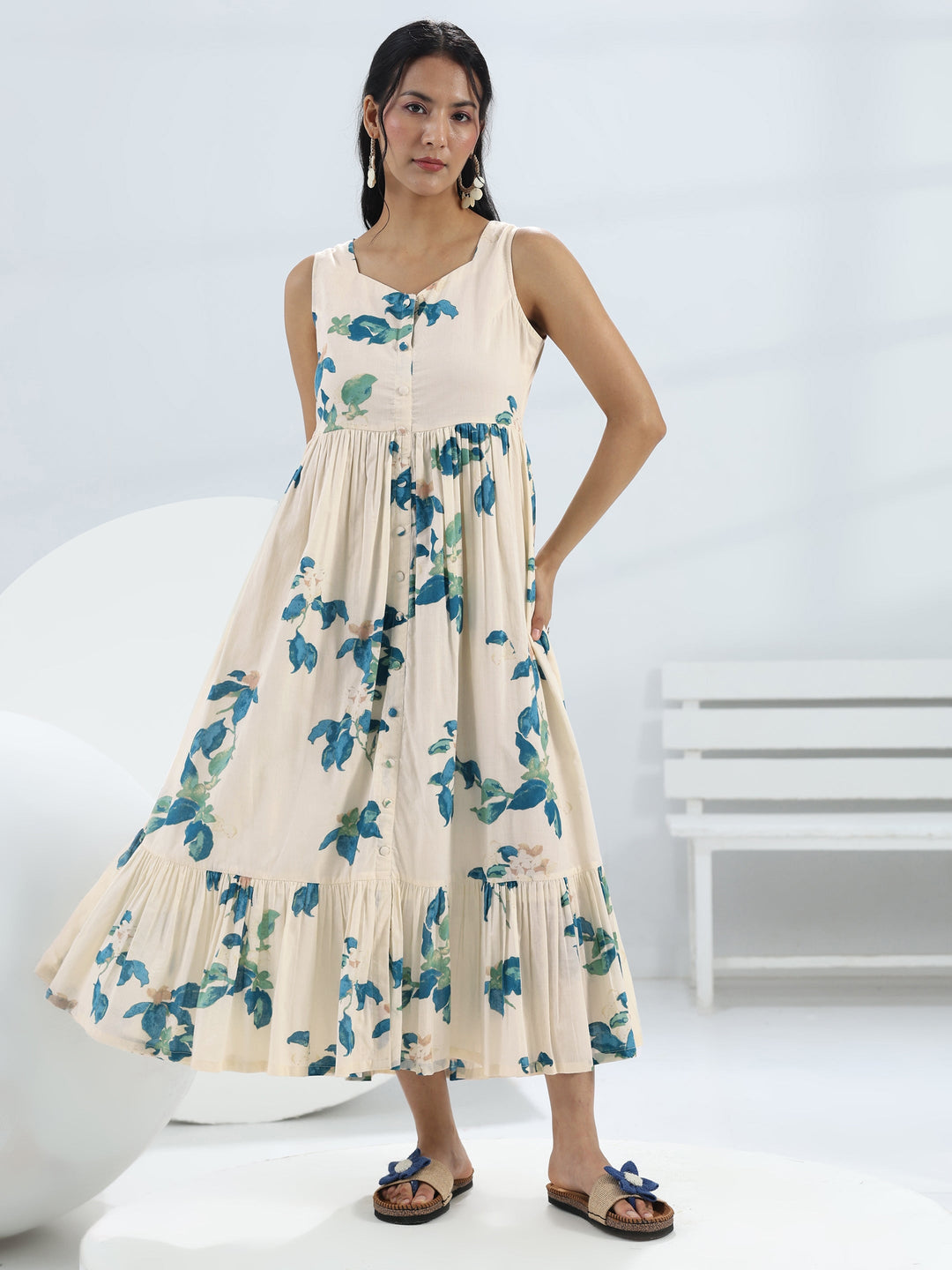  Off-White Printed Cotton A-Line One-Piece Dress 