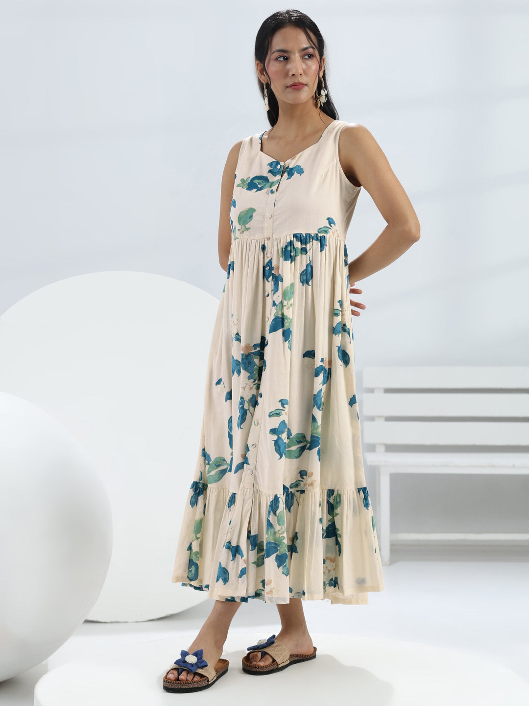  Off-White Printed Cotton A-Line One-Piece Dress 