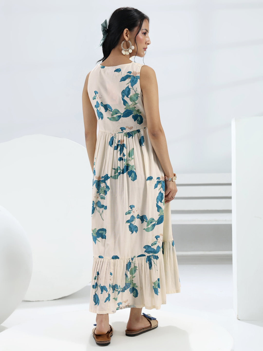  Off-White Printed Cotton A-Line One-Piece Dress 
