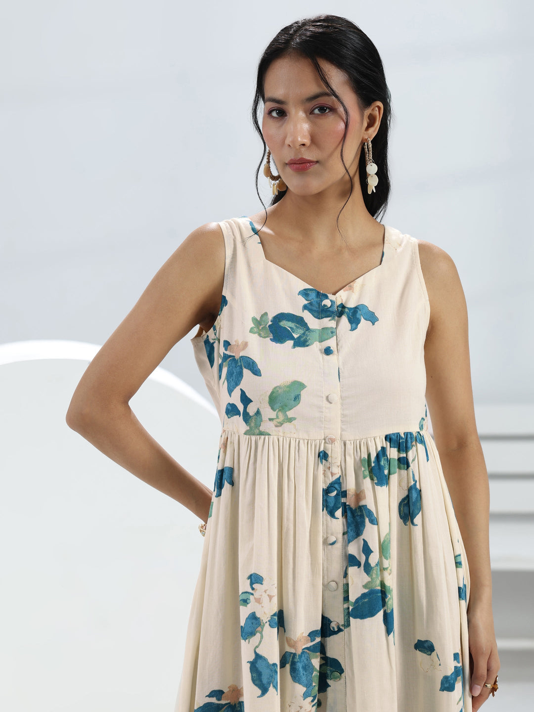  Off-White Printed Cotton A-Line One-Piece Dress 