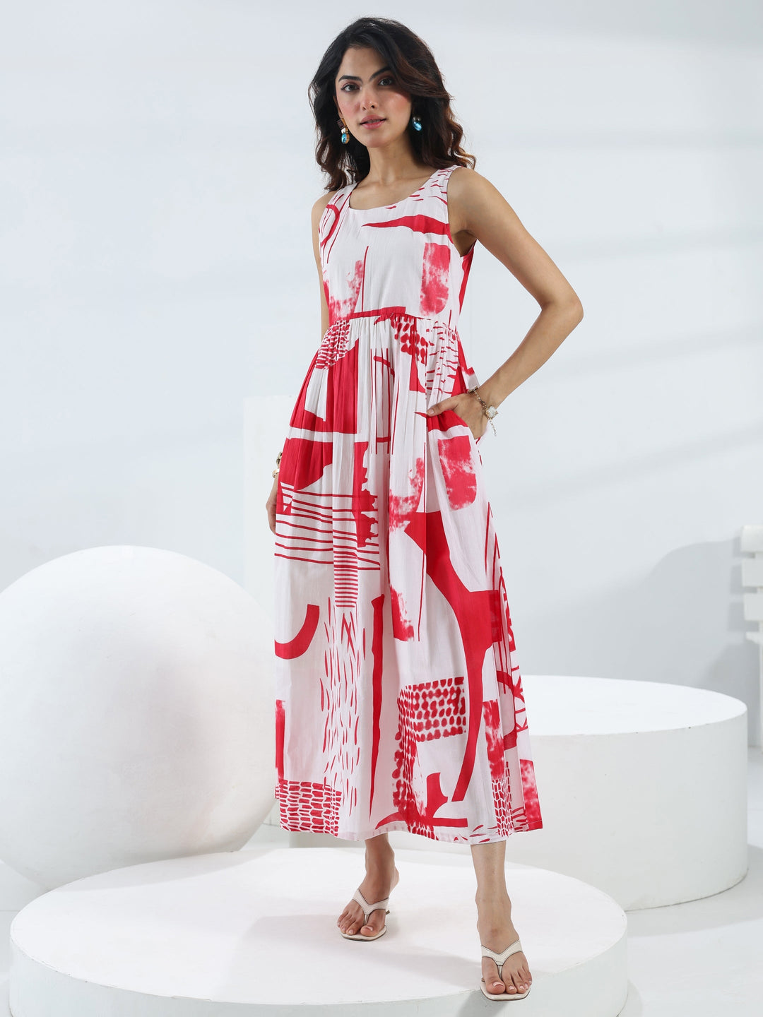  Red Abstract Printed Cotton Fit And Flare One Piece Dress 
