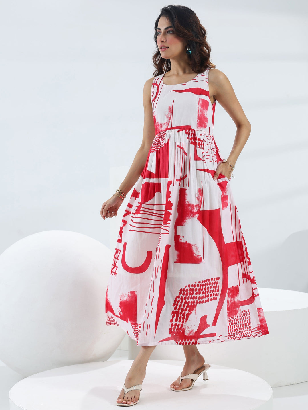  Red Abstract Printed Cotton Fit And Flare One Piece Dress 