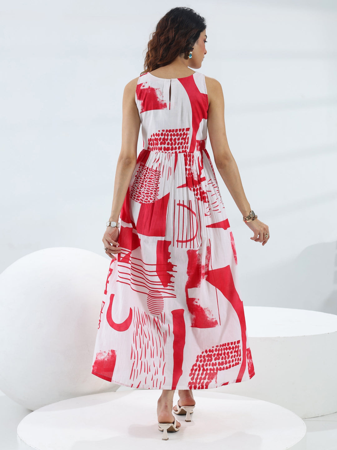  Red Abstract Printed Cotton Fit And Flare One Piece Dress 