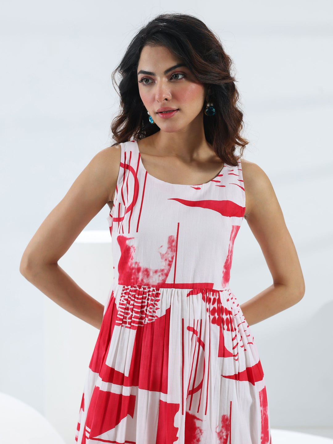  Red Abstract Printed Cotton Fit And Flare One Piece Dress 