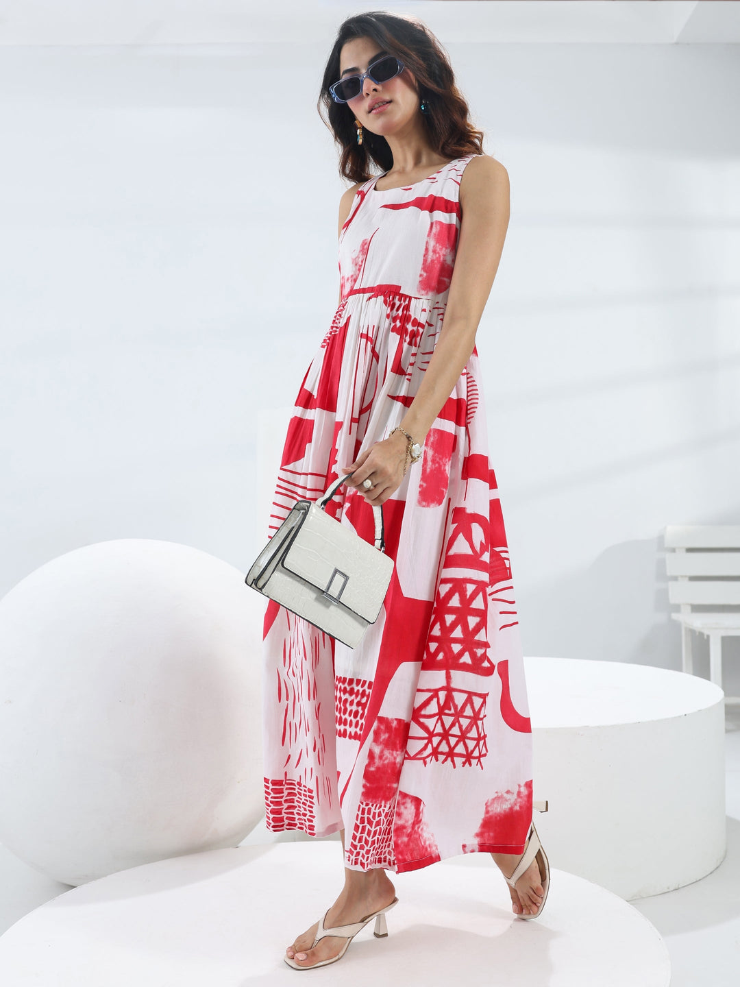  Red Abstract Printed Cotton Fit And Flare One Piece Dress 