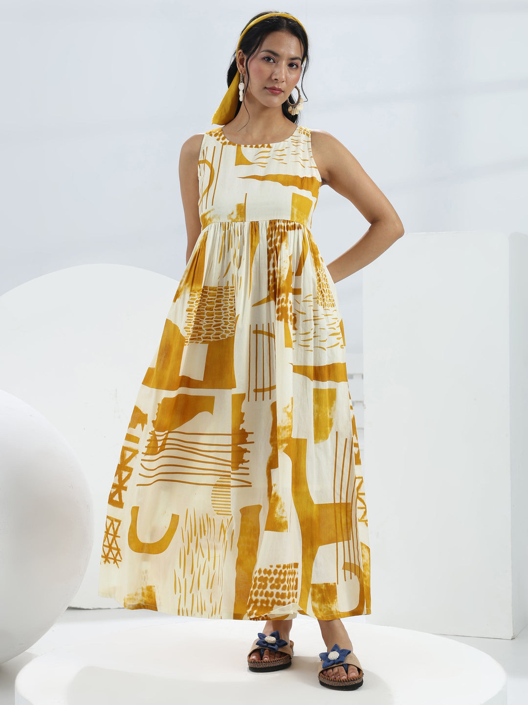  Yellow Abstract Printed Cotton A-Line One-Piece Dress 