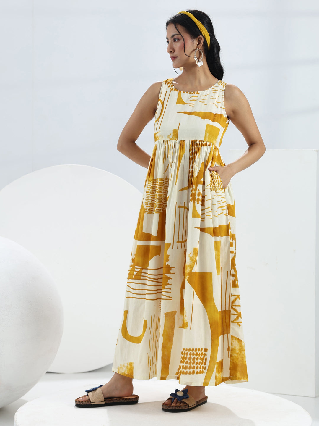  Yellow Abstract Printed Cotton A-Line One-Piece Dress 