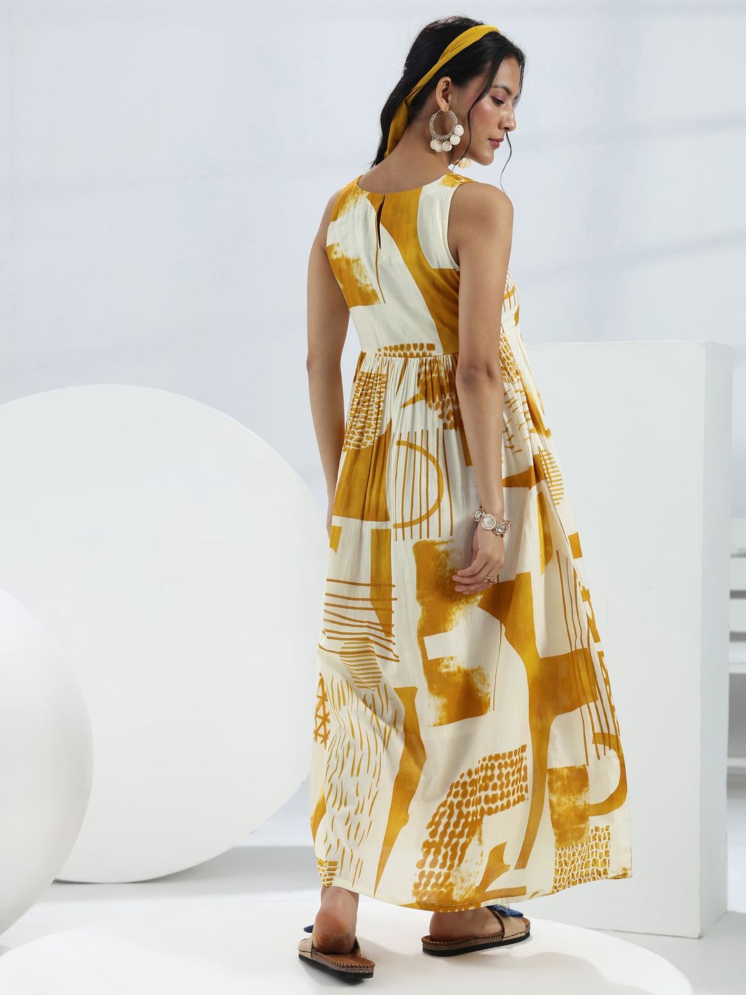  Yellow Abstract Printed Cotton A-Line One-Piece Dress 