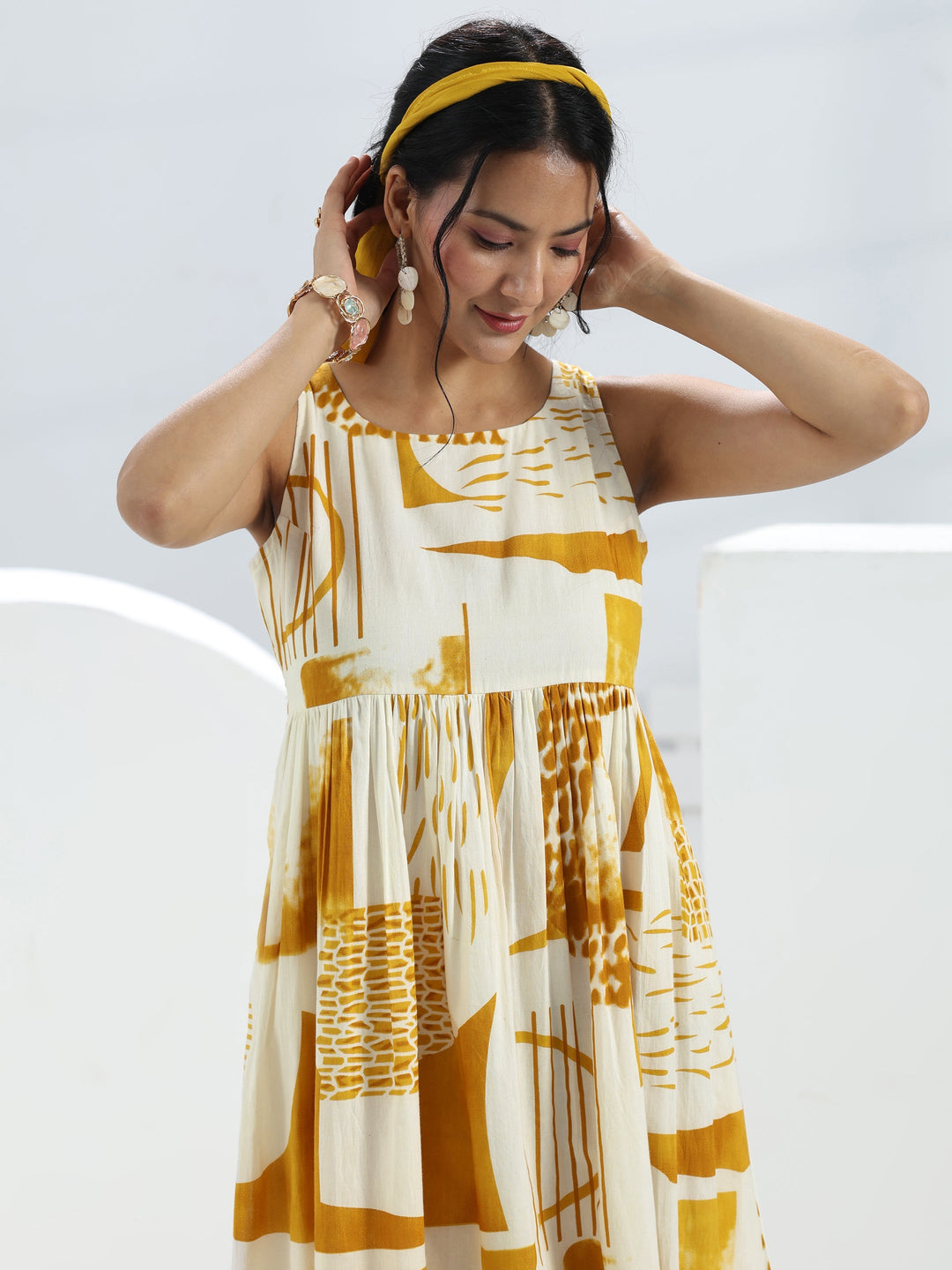  Yellow Abstract Printed Cotton A-Line One-Piece Dress 