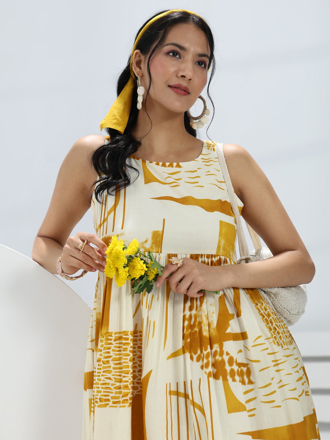  Yellow Abstract Printed Cotton A-Line One-Piece Dress 