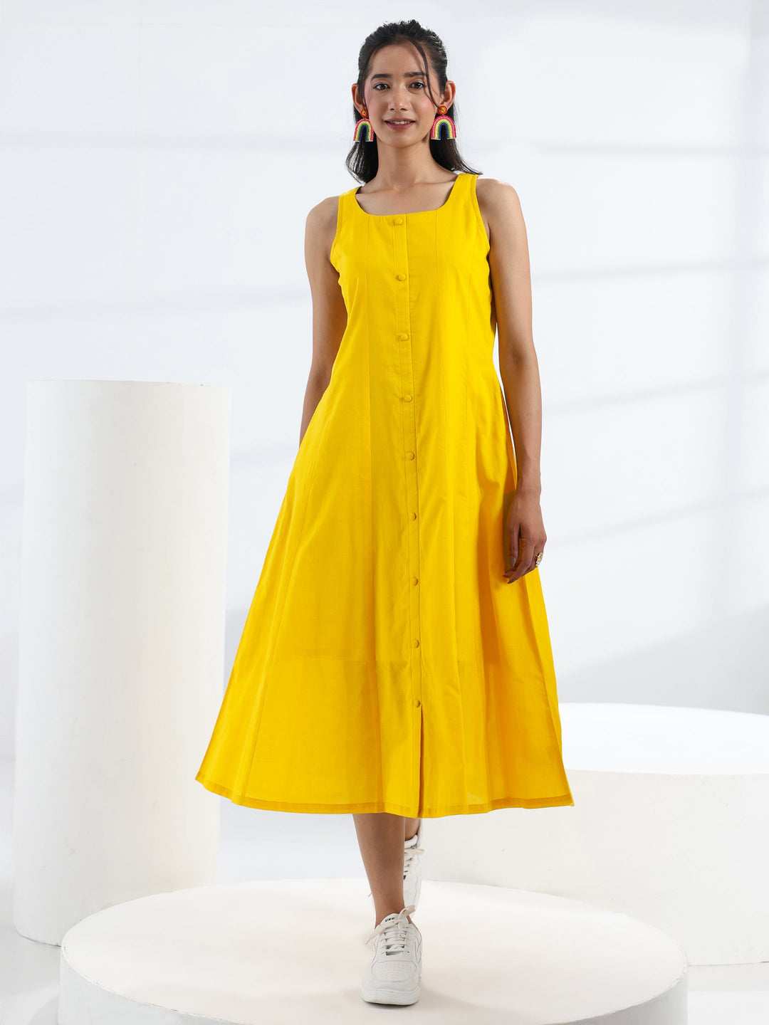  Yellow Solid Cotton A-Line One Piece Dress 