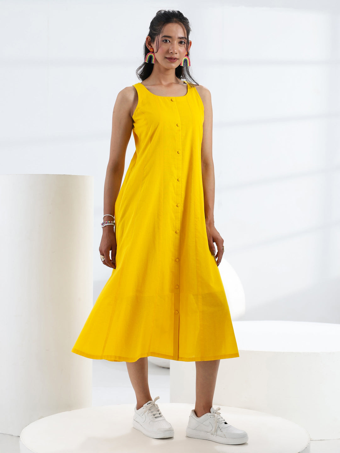  Yellow Solid Cotton A-Line One Piece Dress 