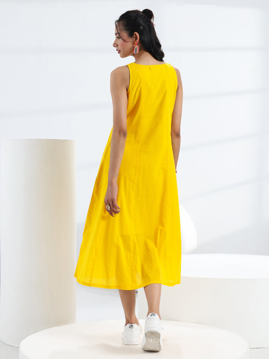  Yellow Solid Cotton A-Line One Piece Dress 