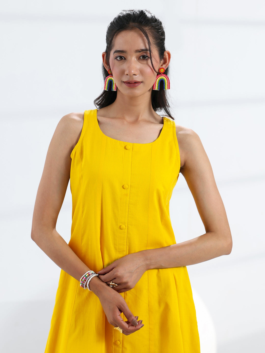  Yellow Solid Cotton A-Line One Piece Dress 