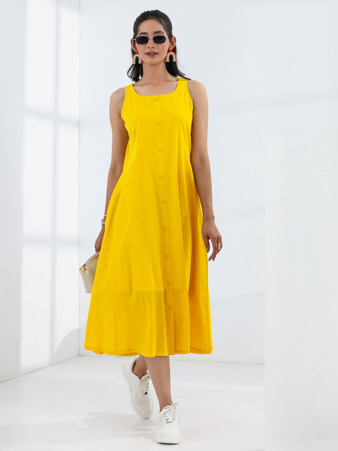  Yellow Solid Cotton A-Line One Piece Dress 