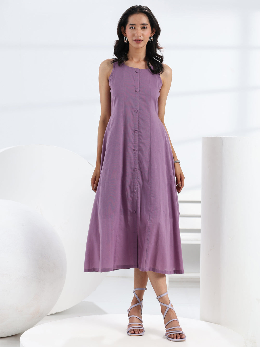  Purple Solid Cotton A-Line One Piece Dress 
