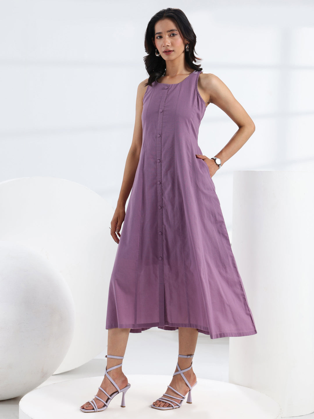  Purple Solid Cotton A-Line One Piece Dress 