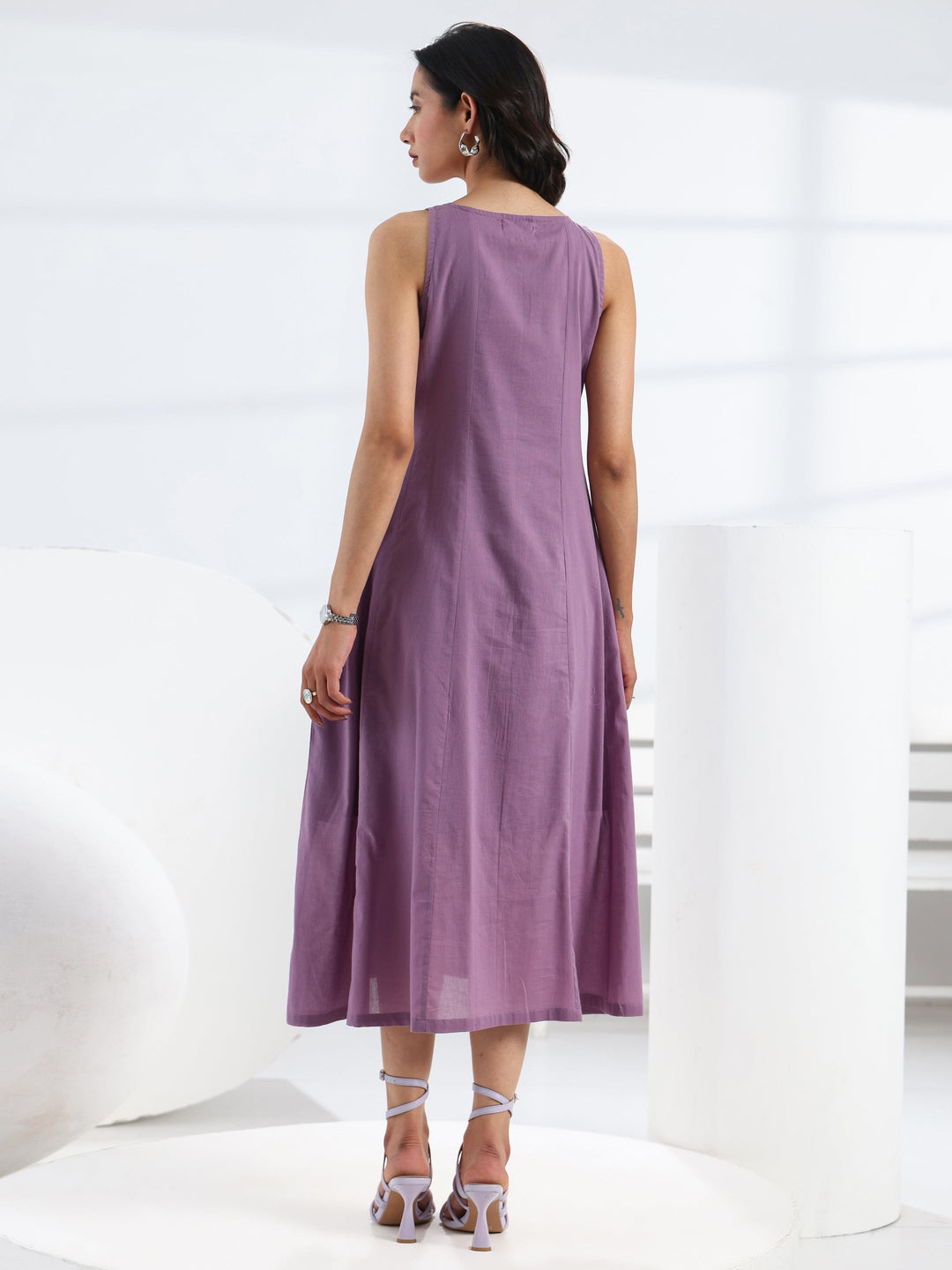  Purple Solid Cotton A-Line One Piece Dress 