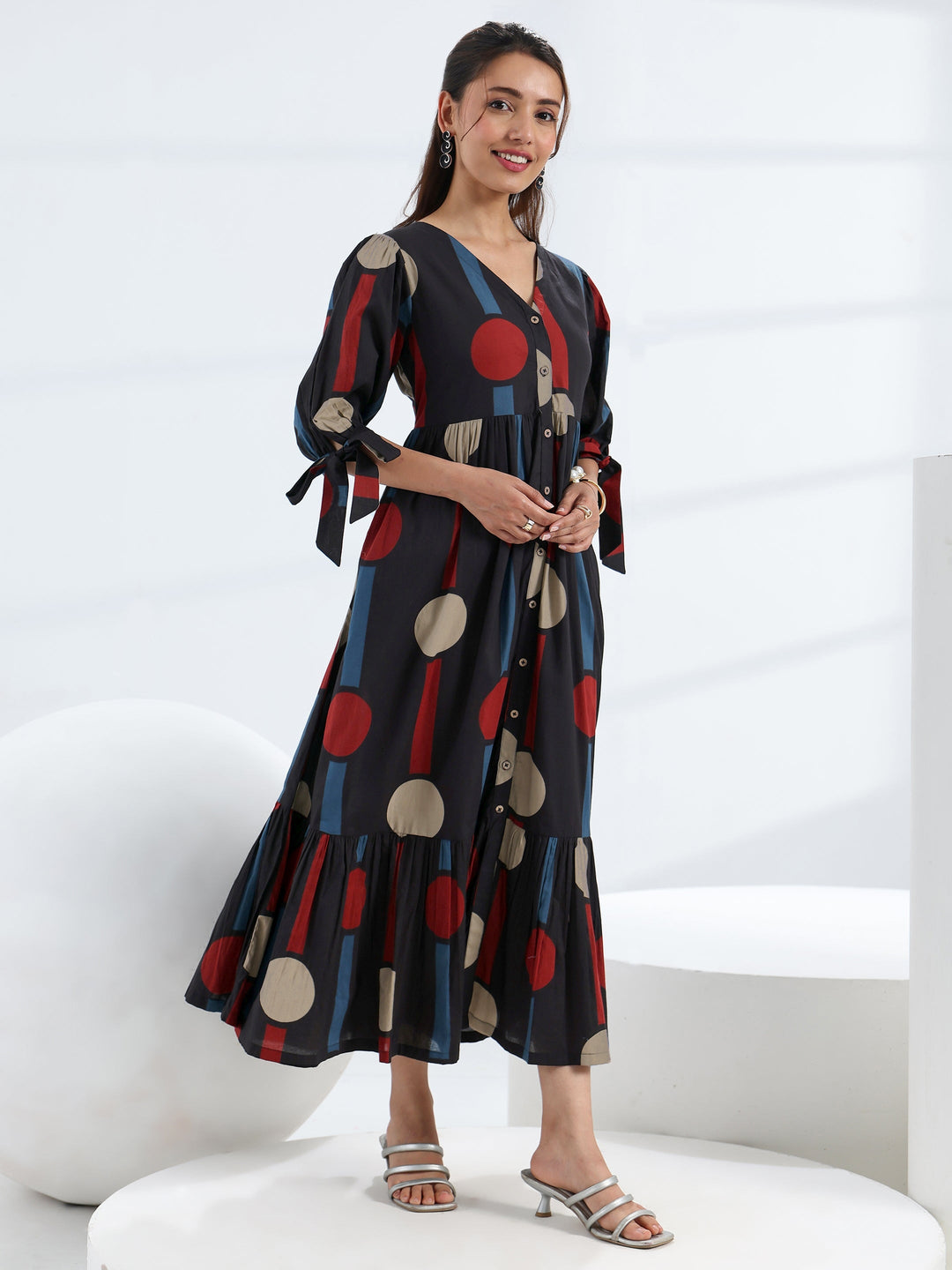  Black Quirky Printed Cotton A-Line One Piece Dress 